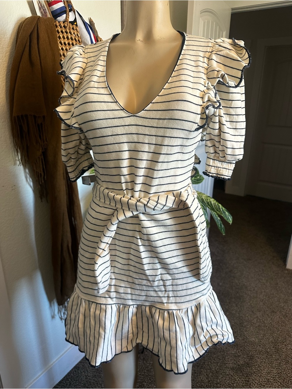 SAYLOR Cream and Navy Striped V-Neck Puff Sleeve Mini Dress
